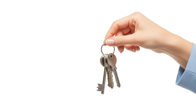 Hand holding keys isolated on white background