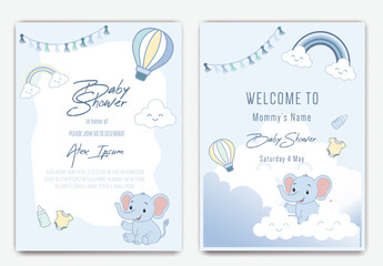 Cute Blue Baby Shower Invitation with Rainbow, Clouds, and  elephant.