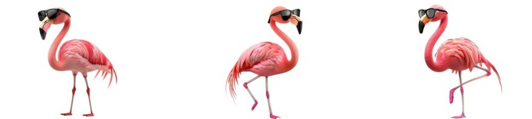 Fototapeta premium Three pink flamingos wearing sunglasses, standing on one leg, isolated on a transparent background