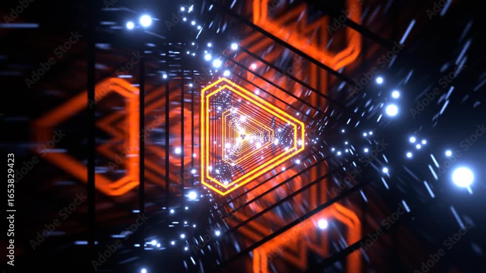 Poster a dynamic flight through a futuristic tunnel of glowing orange triangles and sparkling light particl