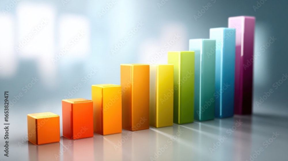 Poster a vibrant bar graph displays increasing data trends with various colored bars in an office setting, 