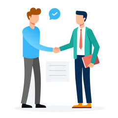 Two business professionals a man and a woman are shown shaking hands after successfully signing a contract symbolizing partnership and agreement in a corporate setting