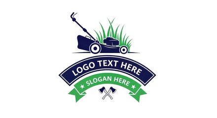 Lawn mower logo with "LOGO TEXT HERE" and "SLOGAN TEXT HERE"