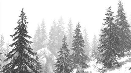 Obraz premium Snowflakes steadily fall over a lush forest of tall evergreen trees, creating a tranquil winter atmosphere in a remote mountainous area. The landscape is peaceful and covered in white.