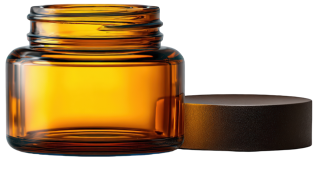 Empty amber glass apothecary jar with a threaded neck and textured brown lid.