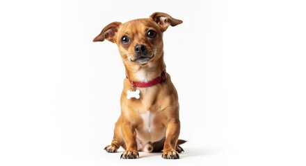 Obraz premium Cute small brown dog with red collar and bone tag, sitting and looking at camera, isolated on white background