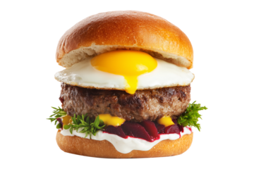 Kiwi burger with fried egg, beet spread, cheddar, beef patty and greens on sesame bun, isolated on white transparent background, New Zealand cuisine