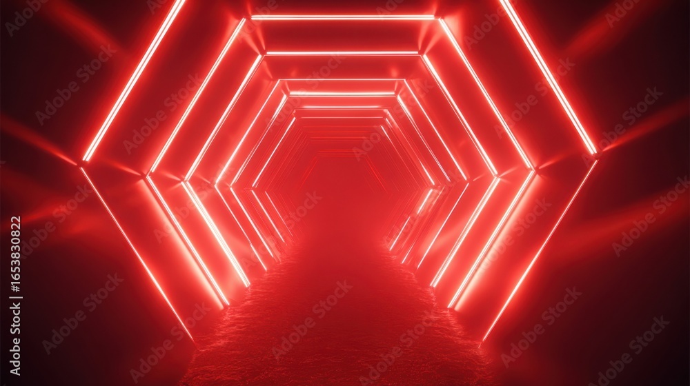 Poster a captivating tunnel features hexagonal shapes illuminated by vibrant red neon lights. the fog adds 