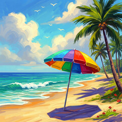 Serene Beach Escape Colorful Umbrella, Palms, and Turquoise Waves in Tropical Paradise