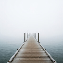 A wooden pier stretching into the dense fog over calm water, creating a mysterious and serene atmosphere.