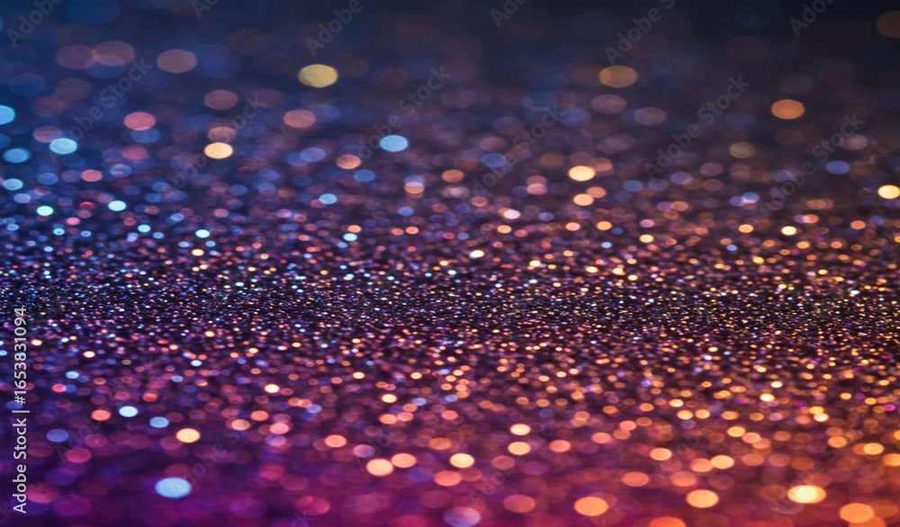 Poster sparkling glitter texture with vibrant bokeh lights in a gradient from deep blue to warm orange, cre