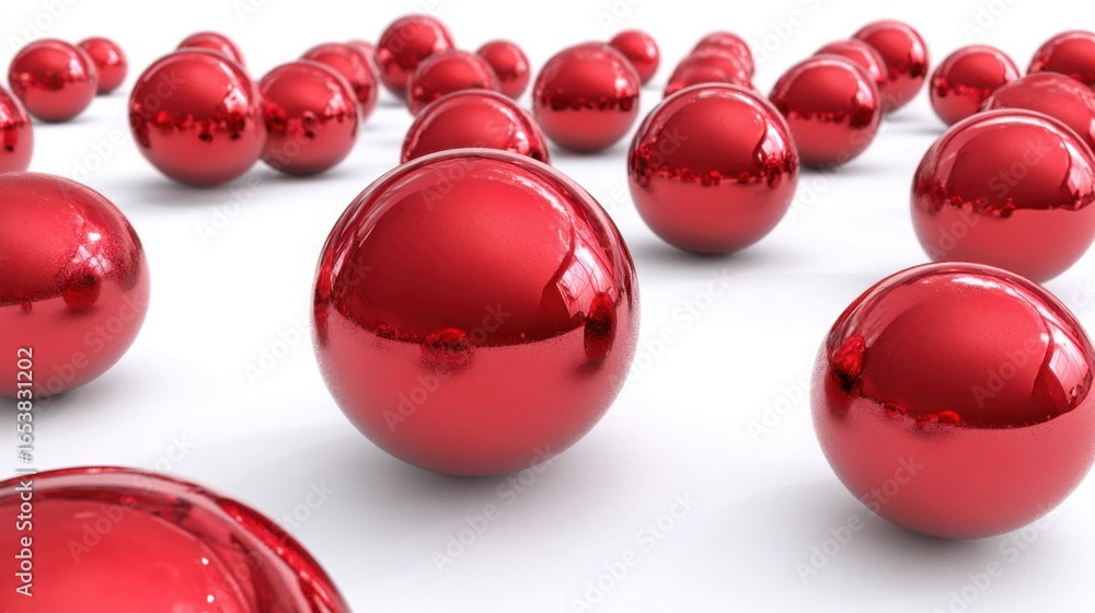 Poster a collection of shiny red spheres is dispersed across a smooth white surface. the reflective surface