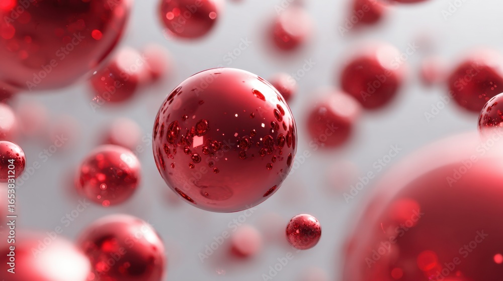 Poster floating red spheres dominate the composition, creating an abstract display of shapes and reflection