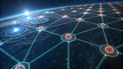 Global digital network connecting cities with glowing data nodes and light trails