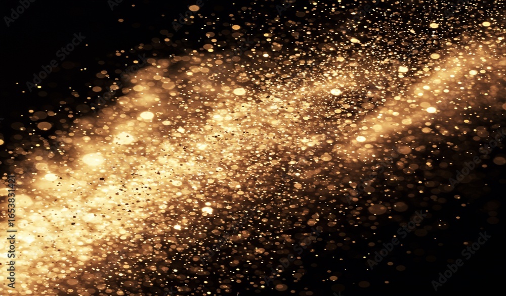 Poster dazzling golden bokeh particles shimmer and swirl against a dark background, creating a magical, cel