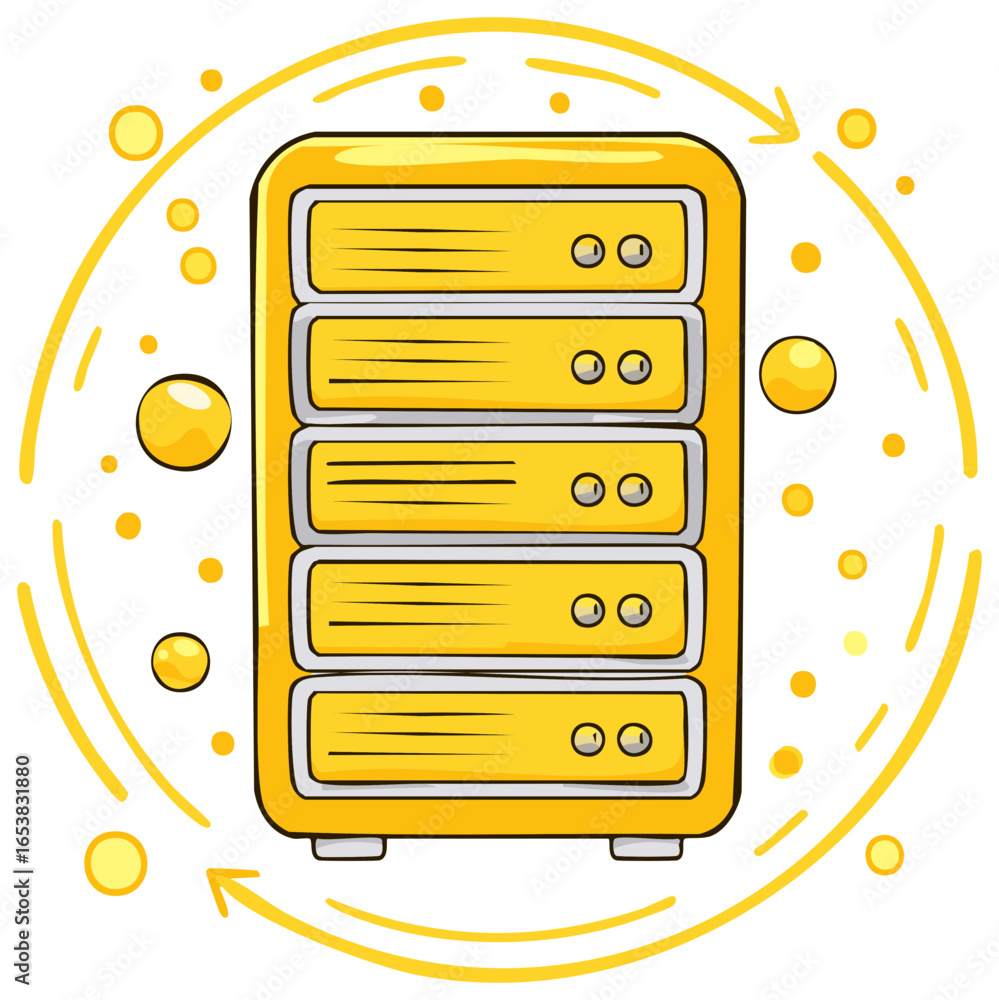 Poster yellow cartoon server rack with circles and arrows depicting data processing.