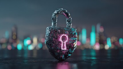 Futuristic Digital Lock With Glowing Key In Neon Cityscape