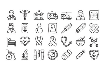 Hospital and Emergency Healthcare Line Icons Vector Collection