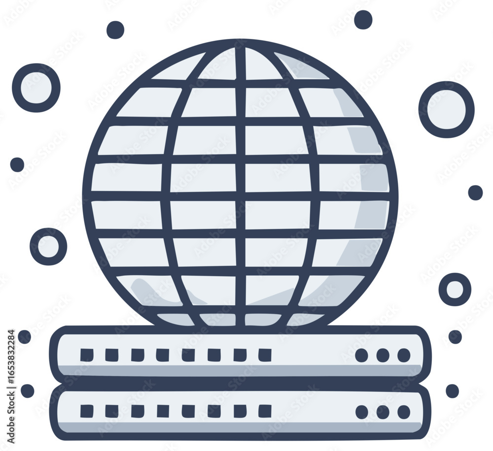 Poster global network sphere on stacked data servers symbolizing internet connectivity and cloud computing