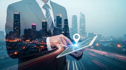 Businessman using tablet with city overlay and location pin for business technology concept - Powered by Adobe
