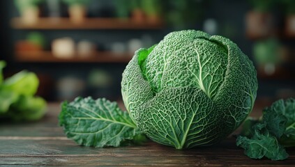 Fresh green savoy cabbage on a wooden table, blurred kitchen background