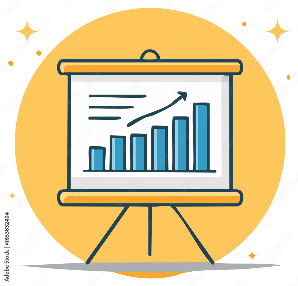 Poster presentation board displaying an upward trending bar graph and rising arrow line chart