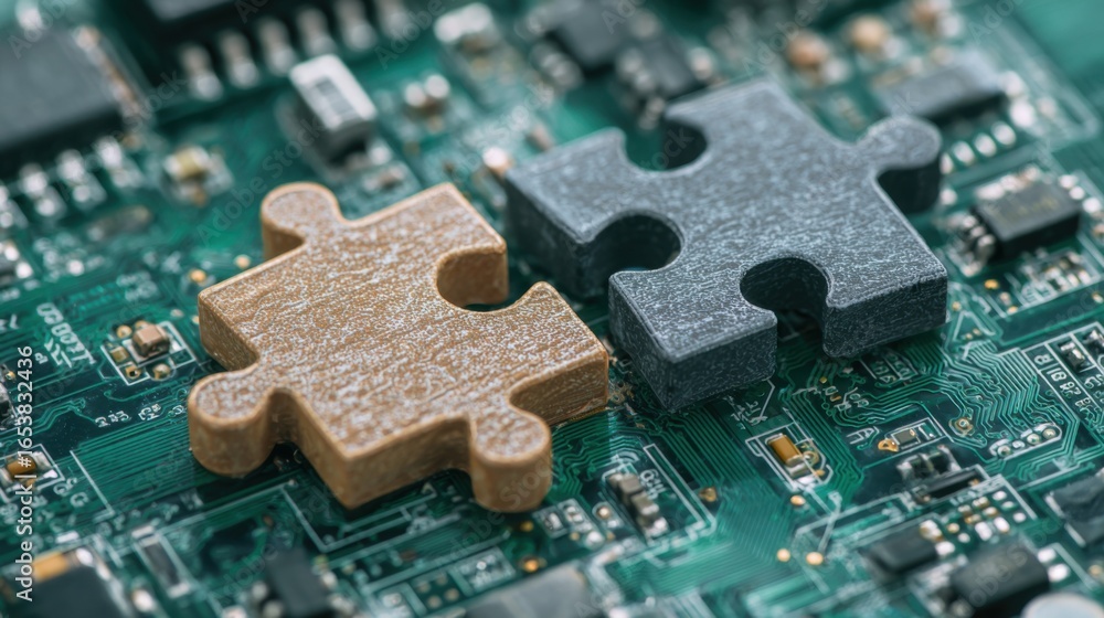 Aufkleber two puzzle pieces in contrasting colors are fitting together on a circuit board, representing the co