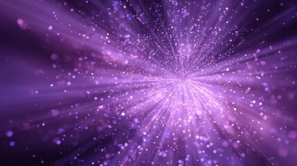 A dazzling explosion of purple light rays radiates from the center, creating an ethereal atmosphere filled with glowing particles. The cosmic backdrop enhances the mesmerizing effect of the scene.