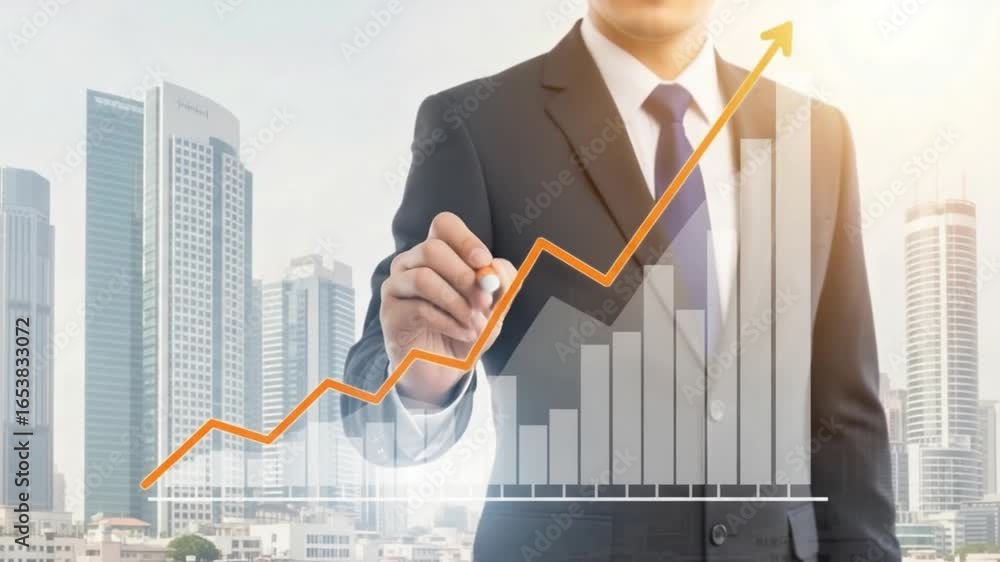 Poster businessman drawing an upward trending arrow on a graph with a cityscape background view behind
