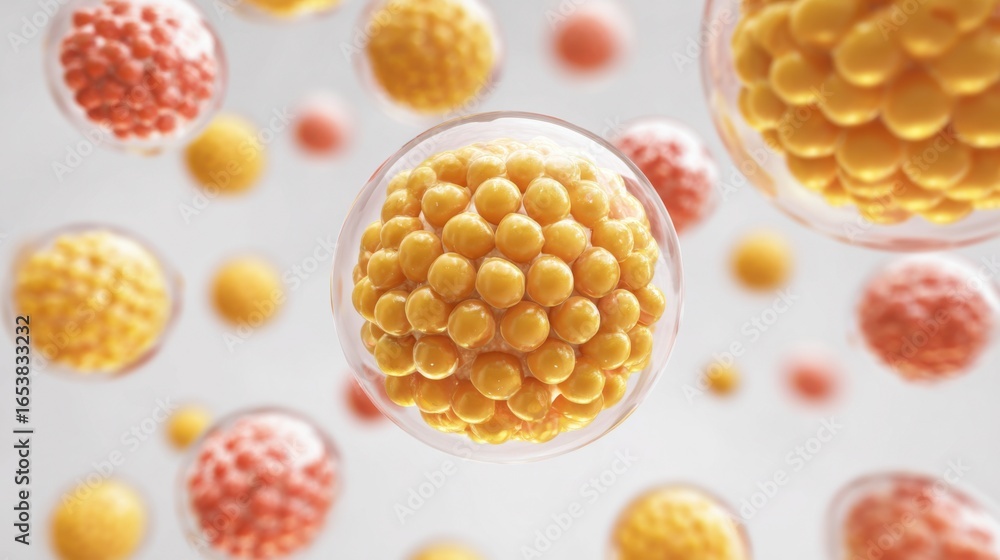 Poster Colorful cells suspended in a seamless environment display intricate patterns and structures. The spherical forms vary in size, showcasing an array of vibrant colors.