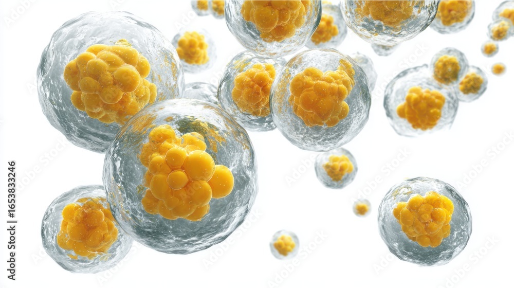 Poster cellular structures are captured with a focus on clusters of yellow cells in a clear environment, sy