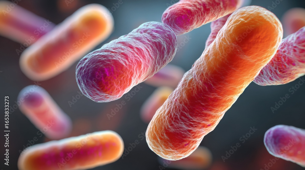 Poster colorful bacteria are seen floating in a fluid medium, displaying intricate shapes and textures. the