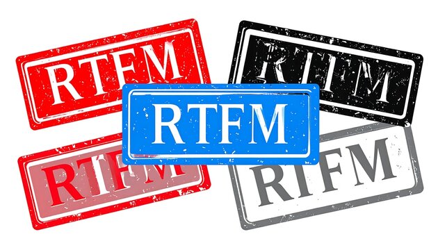 Stamped text "RTFM" in various colors