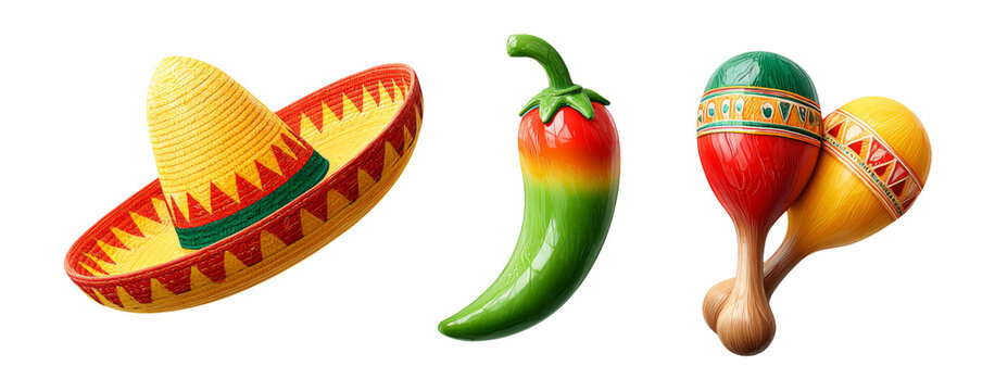Colorful Mexican Fiesta Set with Hat, Chili Pepper, and Maracas
