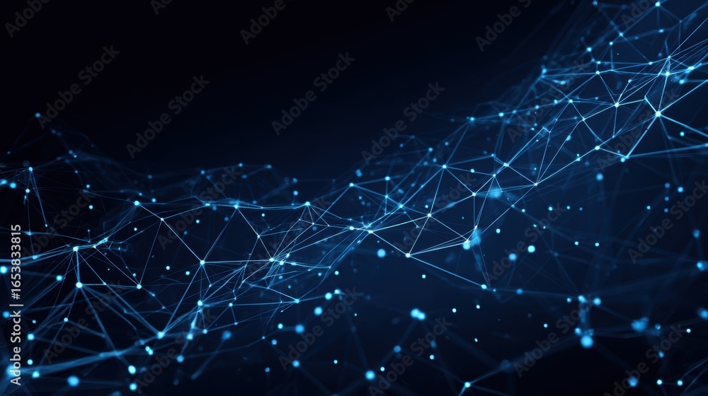 Poster a vibrant digital network illustrates interconnected nodes and lines in dynamic blue hues, showcasin