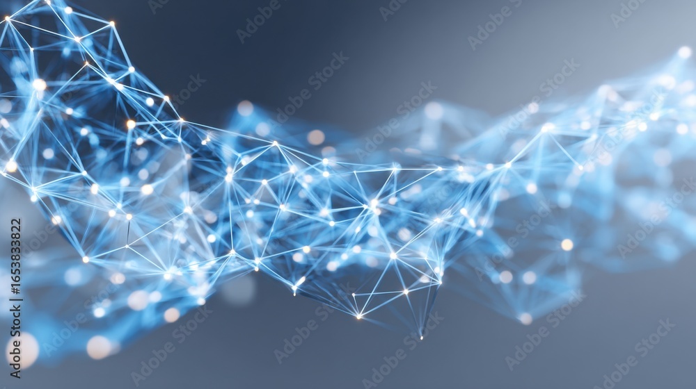 Poster visual representation of a complex structure formed by blue lines and nodes, symbolizing data connec