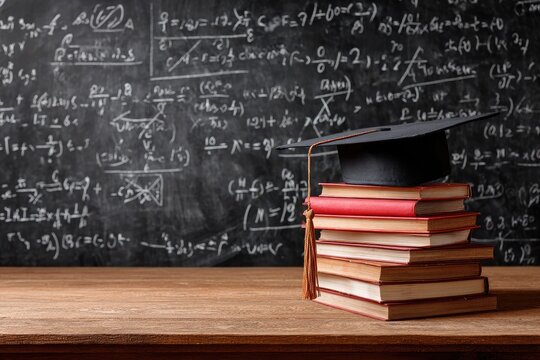 Graduation cap atop stacked books on a wooden table before a chalkboard filled with equations - Powered by Adobe
