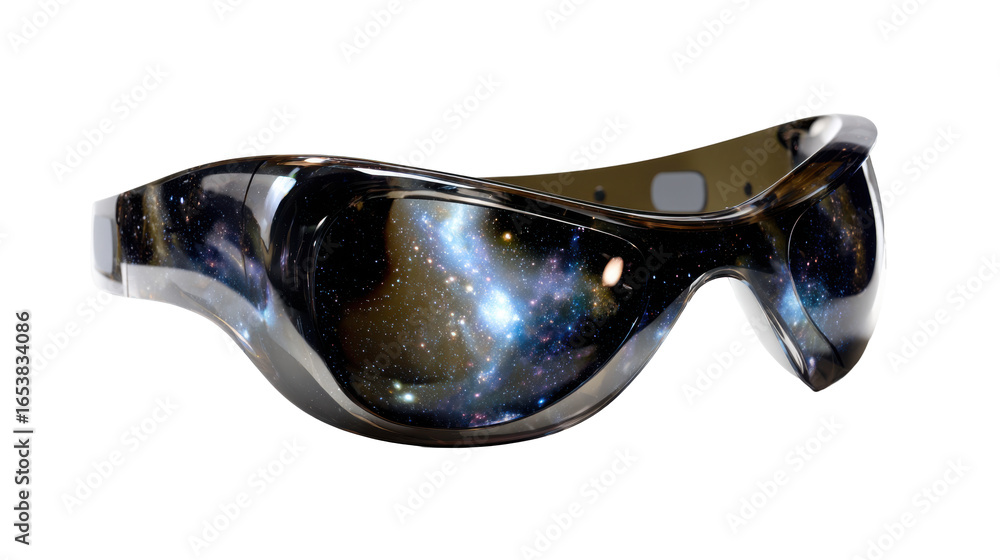 Poster 3d product rendering, glasses designed in a sci-fi style made of space material with a reflection on