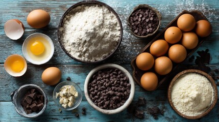 Baking Ingredients Flat Lay on Rustic Wood