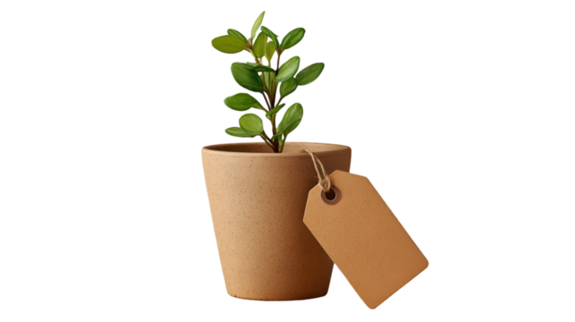 Small plant in a pot with a tag isolated on transparent background - Powered by Adobe