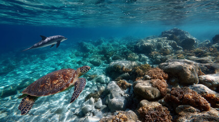 Under the sea clear water there are a turtle and dolphin swimming.