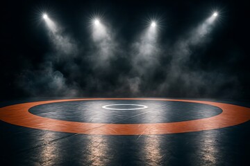 A wrestling mat is dramatically lit by spotlights and heavy fog, creating a stage for competition.