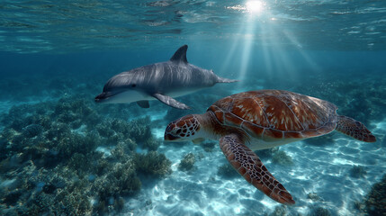 Obraz premium A cute dolphin swimming with a turtle under the sea , beautiful sunlight reflect.