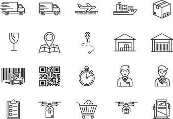 Logistics and supply chain icons set featuring trucks, airplane, ship, warehouses, fragile package, barcode, QR code, drone delivery, stopwatch, courier, checklist, shopping cart, fuel pump