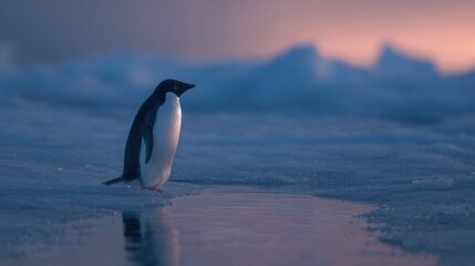 An Adelie penguin is seen alone near a icy shoreline during twilight in Antarctica. The sky is illuminated with soft hues, reflecting on the water surface.