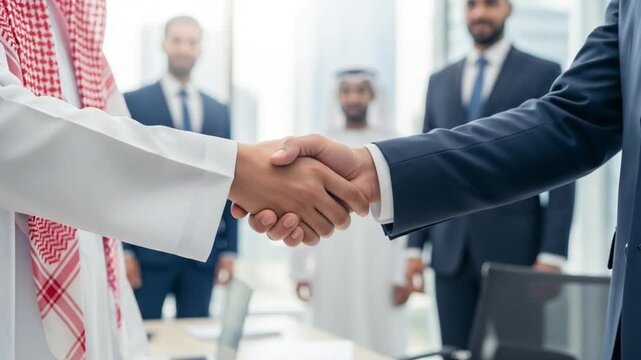Business handshake between arab man and businessman with colleagues standing in background