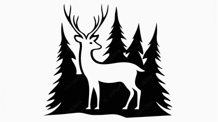 Fototapeta premium Silhouette of a deer with antlers standing in a forest of pine trees in black and white illustration