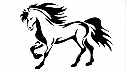 Stylized black and white horse illustration with flowing mane and tail in a dynamic pose design image silhouette