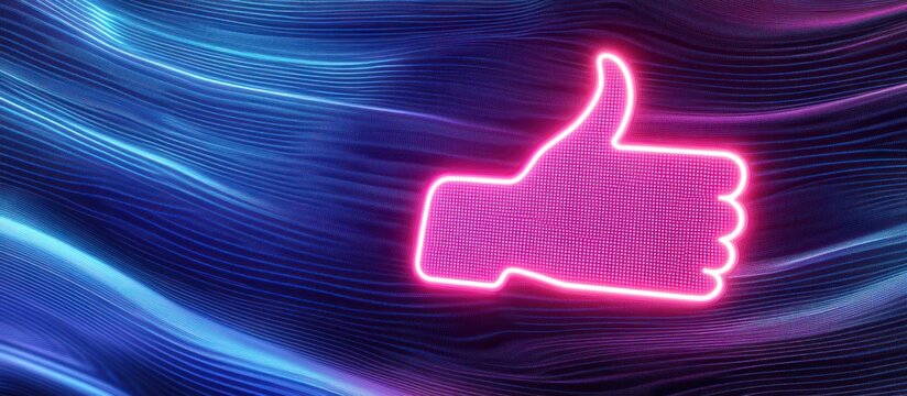 Neon pink thumbs up icon on a dynamic abstract background of flowing lines