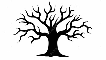 Fototapeta premium Silhouette of a bare tree with many branches extending upwards and outwards against a white background space